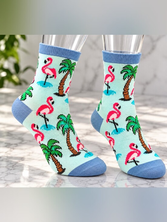 Different Touch Other - Flamingo & Palm Crew Socks in Mint Pink - Casual Cotton Blend